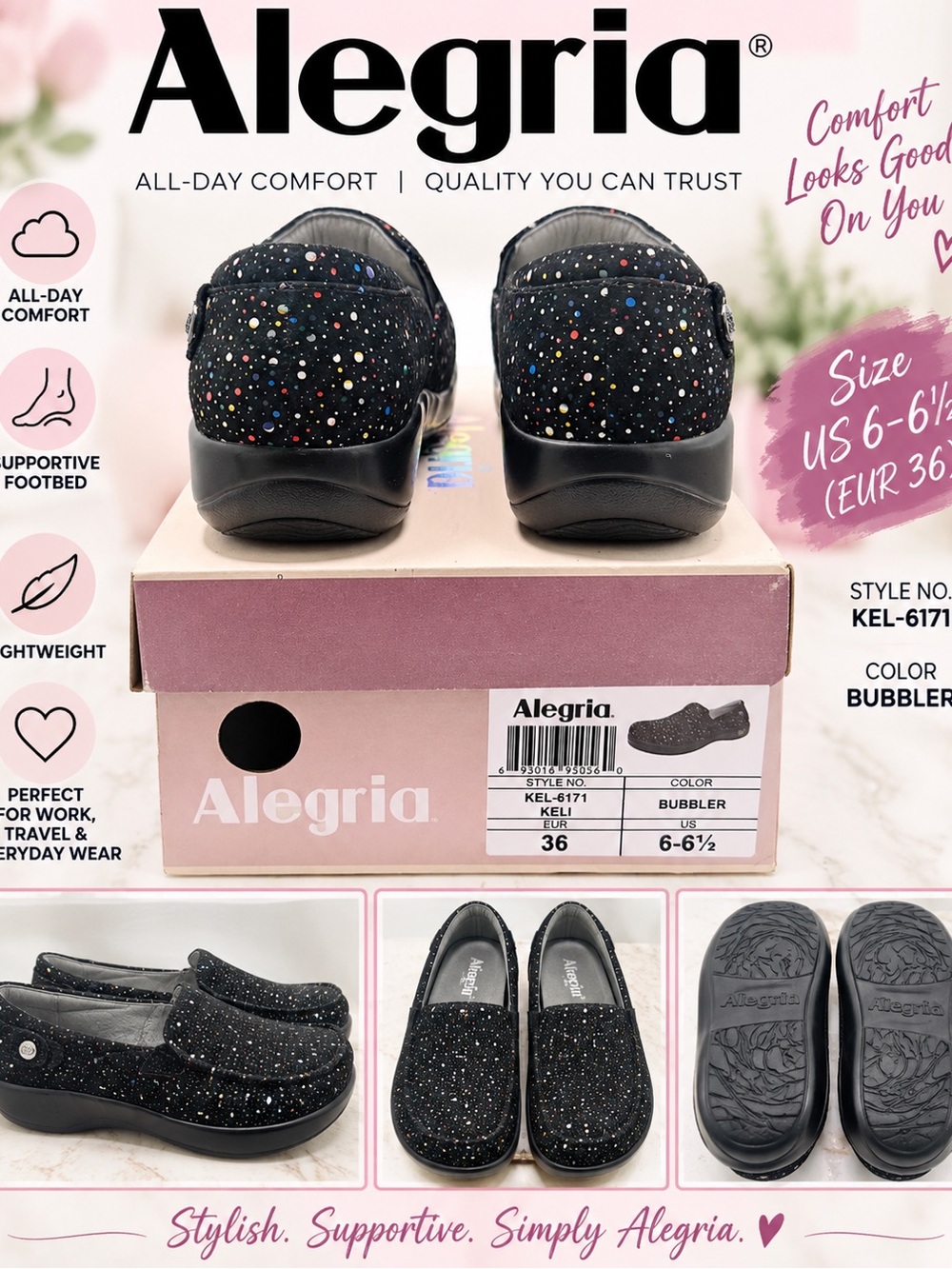 Alegria Black 'Bubbler' Slip-On Moccasins with Multicolor Speckles